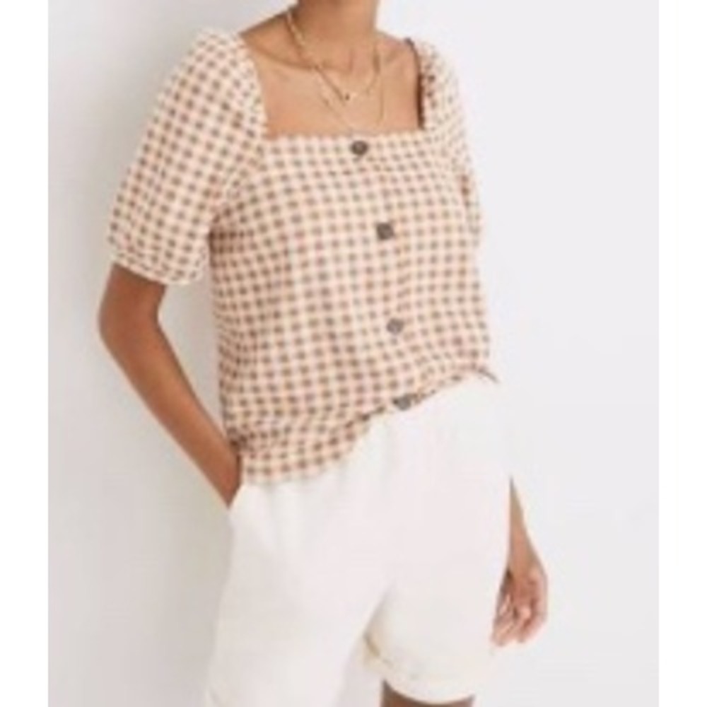 Madewell Gingham Jacquard Square Neck Puff Sleeve Top Women XL Brown Gingham